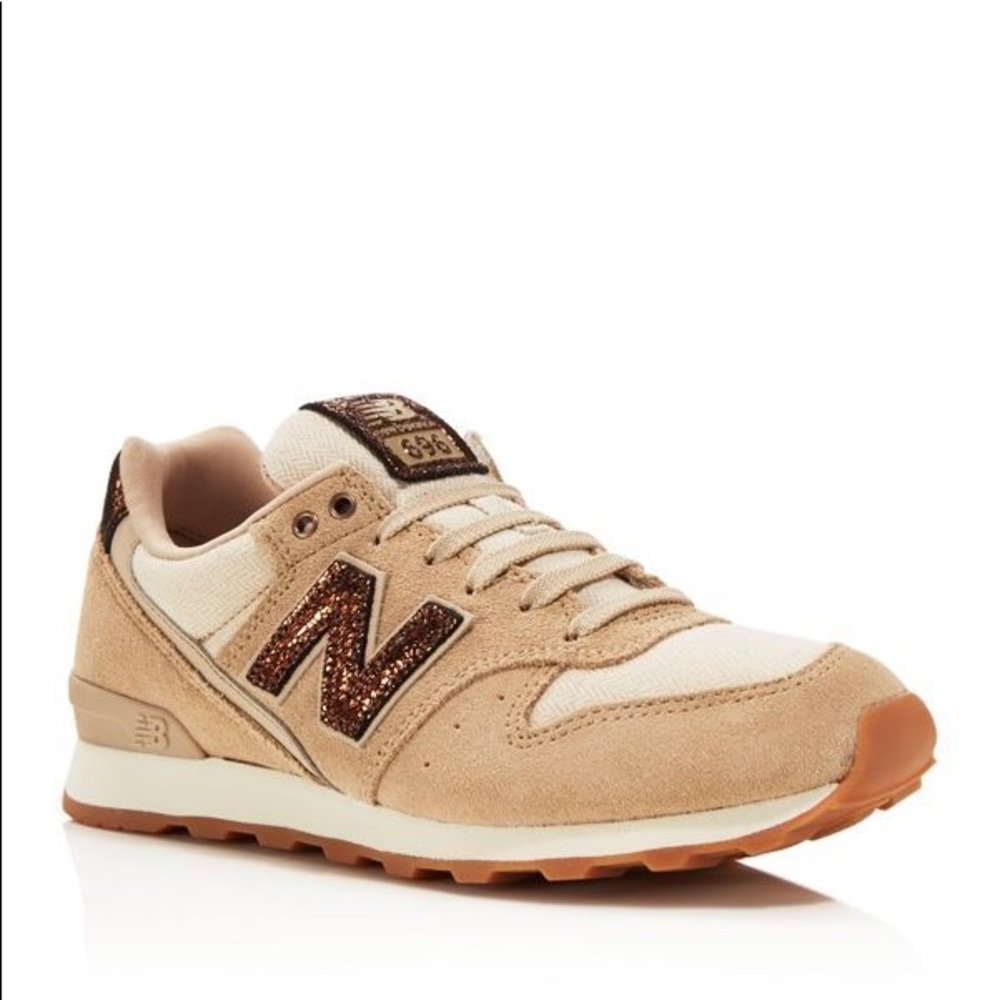 New Balance 696 tan metallic herringbone sneakers